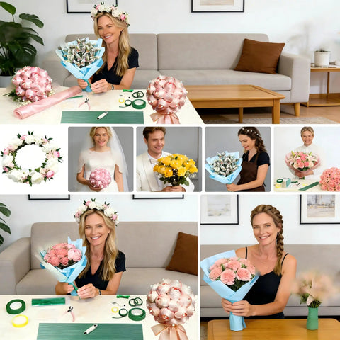 Collage of floral arrangements using Dope DIY Floral Craft Kit with ABS pearls, wire, stems, scissors, pliers, and green tape.