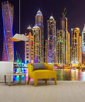 Image of Giant City Night Skyline Wall Mural for Bedroom and Living Room Not Peel and Stick, 7 Piece Silk Finish Panel Set, 151 by 105 Inches, Dramatic TV Backdrop and Cozy Modern Vibe showing illuminated skyscrapers at night.