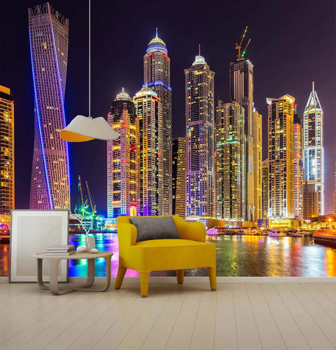 Image of Giant City Night Skyline Wall Mural for Bedroom and Living Room Not Peel and Stick, 7 Piece Silk Finish Panel Set, 151 by 105 Inches, Dramatic TV Backdrop and Cozy Modern Vibe showing illuminated skyscrapers at night.