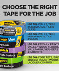 Image showing a variety of painter's tape options for different surfaces including walls, trim, tile, glass, wood, and concrete.