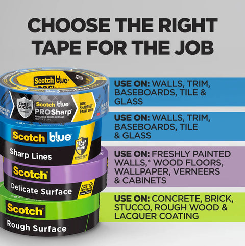 Various Scotch tapes stacked with labels for different surfaces including Original Multi Surface Painter's Tape 1.41 Inch Wide Blue Masking Tape.
