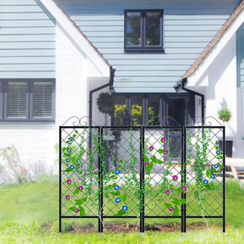 Two Pack Metal Garden Trellises For Climbing Plants 53.5 Inch Tall Plant Support Fence Trellis for flowers in front of a house