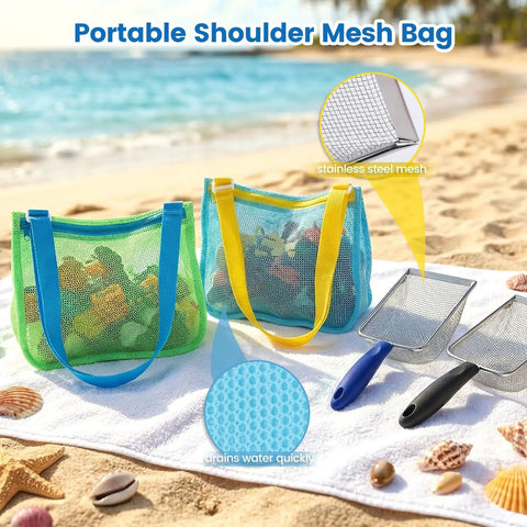 Two Pack Mesh Beach Shovel Set With Two Shell Bags For Kids Sand Sifters And Shell Collecting Kit Durable Metal Shovels