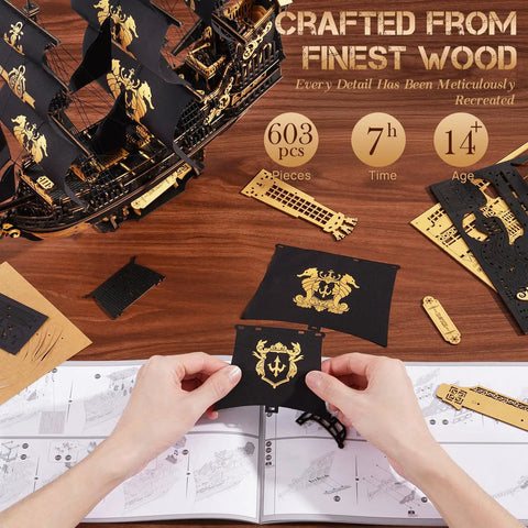 Epic 3D Seahorse Barque Wooden Puzzle Kit For Adults And Teens, Realistic 1 To 100 Scale Ship Model Craft, Durable Wood Pieces, Long And Challenging Build, A Standout Gift For Sea Lovers And Puzzle Fans. 603-piece wooden ship kit