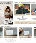 Instructions for removing creases and using anti-slip Velcro on flannel washable area rug.