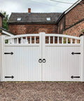 White wooden gate with Rustic Matte Black 8 Inch Decorative Barn Door Bracket I Shape Dummy Gate Hinge, farmhouse style setting