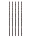 Sabre Tools masonry drill bits, 5-pack, 3/16 in x 6 in carbide-tipped with 1/4 in hex shanks (front view).