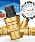 Renator RV water pressure regulator with gauge; brass body, angled-front view.