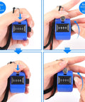 Slick 2 Pack Handheld Tally Clicker Counter 4 Digit Score Tracker in use, showing counting and reset functions, durable ABS material.