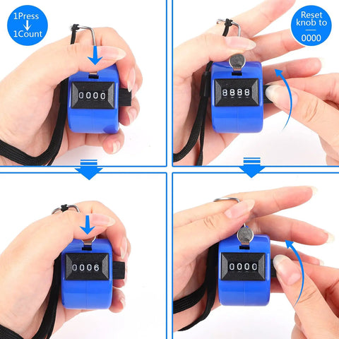 Slick 2 Pack Handheld Tally Clicker Counter 4 Digit Score Tracker in use, showing counting and reset functions, durable ABS material.
