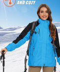 Model wearing Three In One Snow Jacket For Women With Inner Fleece Layer And Waterproof Windproof Shell Lake Blue Winter Coat For Ski