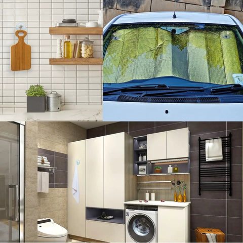 Heavy Duty Suction Cups With M8 Screws 4 Pack in a bathroom and car scene, displaying tough grip on smooth surfaces.