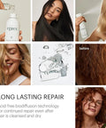 Collage showing Repair Treatment Starter Kit For Damaged Hair With Frizz Control and hair transformation results.