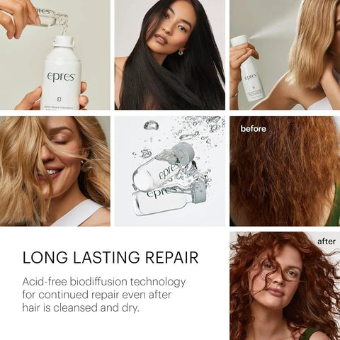 Collage showing Repair Treatment Starter Kit For Damaged Hair With Frizz Control and hair transformation results.