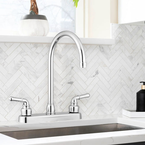 Modern High Arc Kitchen Sink Faucet With Polished Chrome Finish Two Lever Operation Aerated Water Stream in kitchen setting