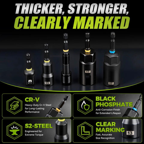 Magnetic Socket Set For Power Drill With Quick Release Extension Includes Metric And SAE Sockets Nut Drivers Socket Adapters And Storage Case Deep 14mm Driver Built To Last For Easy Home Repairs showing CR-V and S2 steel labeling and clear marking