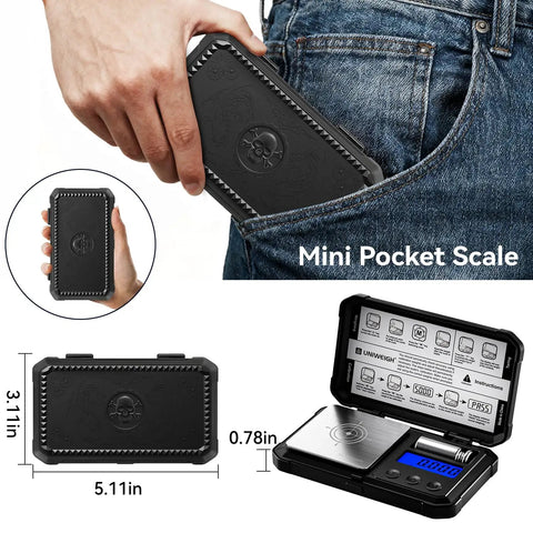 Ultra Precise Milligram Scale 50g 0.001g With LCD Tare Six Units G Oz Ozt Dwt Ct Gn Includes Calibration Weight And Batteries Digital Jewelry Scale shown in a pocket-sized design with protective cover, blue LCD display visible.