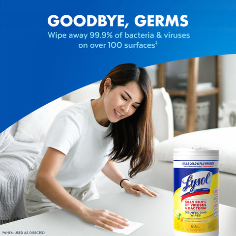 Woman using Lysol disinfectant wipes for all surfaces with antibacterial power, lemon-lime blossom scent, 80-count pack.