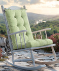Outdoor Rocking Chair Cushions Water Resistant Replacement Cushion Set For Patio Porch Garden Sage 1 Pack Fits Most Standard Rockers Cozy And Durable All Day Comfort installed on a white porch rocker with garden view.