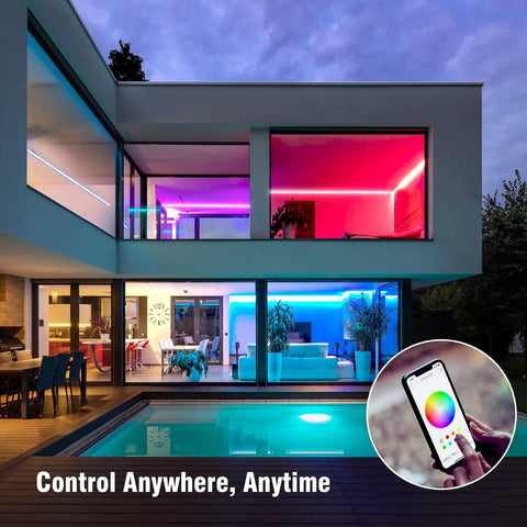 Modern home with Smart Multicolor LED Light Strip Kit 10M 32.8ft RGBW highlighting rooms, smartphone control in inset.