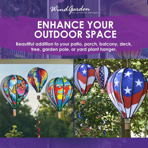 Cool 22 Inch Hot Air Balloon Wind Spinner For Outdoors, vibrant gradient colors, weather resistant, decorating patio or lawn.
