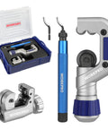 WORKPRO 3-piece tubing cutter set with pipe cutter, mini copper pipe cutter, deburring tool in a blue case