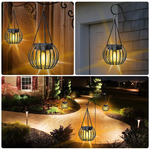 Two Pack 15 Inch Outdoor Solar Lantern Lights, Decorative Metal Hanging Lanterns illuminating garden pathway at night with warm glow