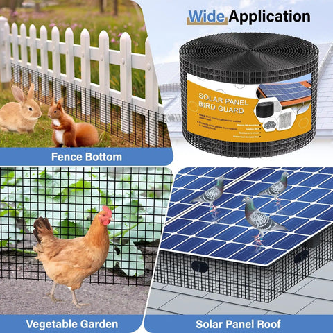 6-In By 100-Ft Critter Guard Roof Net Roll Kit With Rust-Proof Black PVC Coated Galvanized Mesh Pigeon Bird Proof Net With 70 Fastener Clips For Bird And Animal Control Easy Install Heavy-Duty Roof Protection displayed with various applications including fence bottom and solar panel roof.
