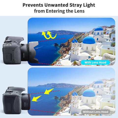 Image showing lens flare reduction with and without 50mm Reversible Lens Hood Shade For EF 50mm F1 8 STM Lens Replaces ES 68.
