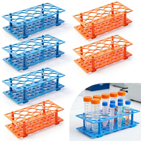 Six Pack 28 Well Test Tube Rack Set For 10 mL 15 mL And 50 mL Tubes Detachable Plastic Stand With Color Coded Rims In Blue And Orange