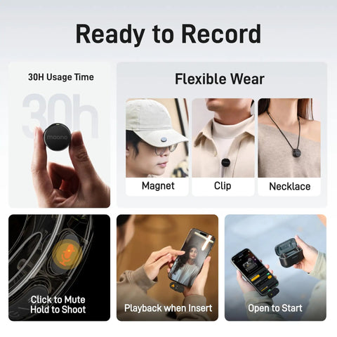 Wave T5 Mini Magnetic Wireless Lavalier Microphone usage, flexible wear options, and phone playback in use