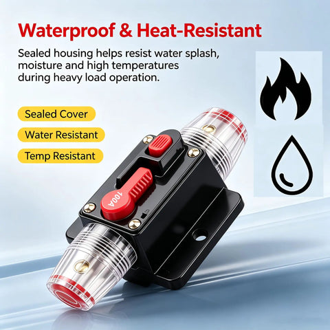 100 Amp Manual Reset Dc Circuit Breaker Built Tough For 12V To 48V Systems, waterproof and heat-resistant design for reliable use.