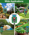 Solar Powered Ultrasonic Animal Repeller With 360 Degree PIR Coverage That Keeps Cats Dogs Deer Squirrels Raccoons And Rabbits Outta Your Garden Yard Or Farm Outdoor Deterrent For Real, green solar unit in garden