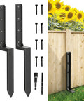 Two Piece Fence Post Repair Kit With Heavy Duty 11 Gauge Steel Anchor Stakes For Quick Fix Of Leaning Or Broken 4x4 And 6x6 Wood Posts Galvanized And Rust Resistant Easy Install Keeps Posts Solid And Upright showing black anchor stakes, screws, and installation on a wooden fence.