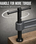 Beefy Heavy Duty Deep Reach C Clamp For Welding And Woodworking Extra Deep Throat Reach Four Point Three Inch And Two Point Eight Inch Jaw Opening Forged Steel G Clamp With Trapezoidal Thread And Swivel Pad For DIY Craft Projects, T-handle close-up
