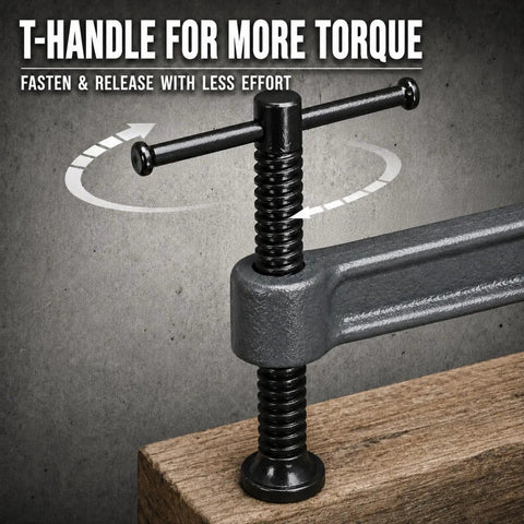 Beefy Heavy Duty Deep Reach C Clamp For Welding And Woodworking Extra Deep Throat Reach Four Point Three Inch And Two Point Eight Inch Jaw Opening Forged Steel G Clamp With Trapezoidal Thread And Swivel Pad For DIY Craft Projects, T-handle close-up