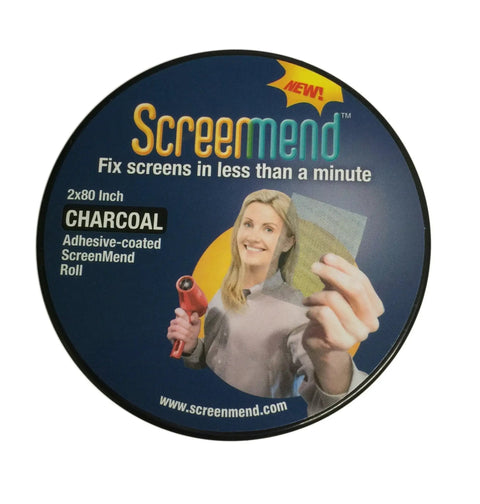 Window Screen Repair Kit 2 Inch By 80 Inch Roll Charcoal For Quick DIY Fixes, Easy Heat Activated Repair With Hair Dryer shown on packaging