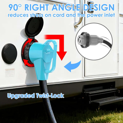 30 Amp RV Power Cord 50 Feet 125 Volt TT 30P Male To L5 30R Twist Lock Right Angle Cable ETL Listed Pure Copper Heavy Duty For Campers And Trailers, 90-degree plug on RV inlet