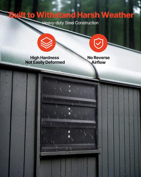 12 Inch Shutter Exhaust Fan for Attics and Workshops, Wall Mounted With Stepless Variable Speed Control, shown on outdoor wall
