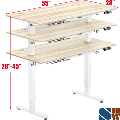 Electric Height Adjustable Standing Desk With Drawer And Memory Preset, Maple Finish, 55 by 28 Inches, height range 28 to 45 inches