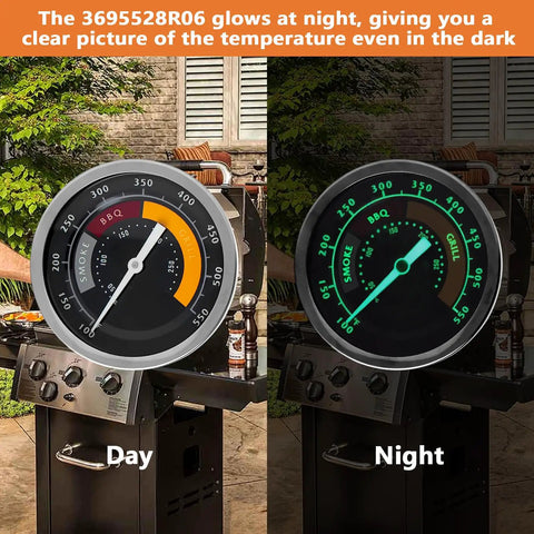 Glowing Analog Stainless Steel Grill Thermometer Replacement Gauge for Oklahoma Joe Longhorn and Highland Smokers Thirteen Sixteenth Inch Mount Hole BBQ Heat Indicator for Charcoal Wood Pellet and Gas Grills Two Pack, day and night