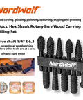 NordWolf 10-piece hex-shank rotary burr wood carving milling set with 1/4" shanks, carbon steel