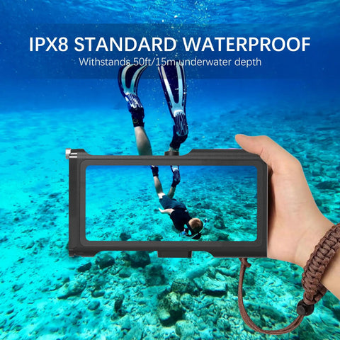Hand holding Third Gen Waterproof Diving Phone Case with Bluetooth 50 Feet Depth, screen showing underwater snorkeling view.