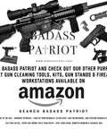 Badass AR Hook Strut And Cleaning Rod Guide Twin Pack for rifle maintenance displayed with firearms and cleaning tools.