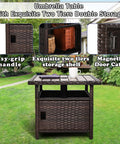 Outdoor Patio Umbrella Table With Two Weight Bags And Umbrella Hole Brown Wicker End Table With Storage Two Tier Design