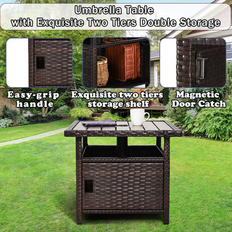 Outdoor Patio Umbrella Table With Two Weight Bags And Umbrella Hole Brown Wicker End Table With Storage Two Tier Design