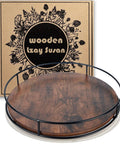 12 Inch Lazy Susan Slick Counter Turntable Kitchen Spice Rack Rustic Brown Wood Swivel Tray with black metal frame.