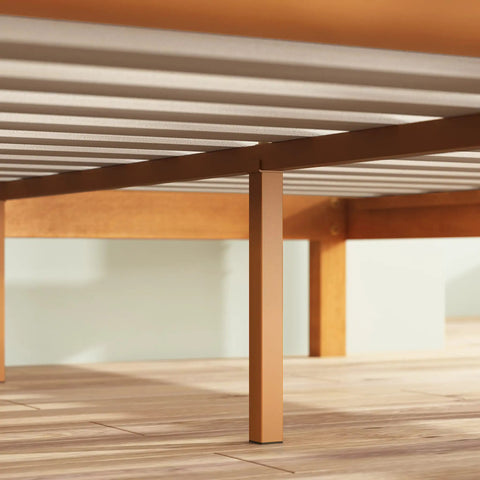 Bottom view of Top Tier Queen Platform Bed Frame With Tufted Fabric Headboard, showing heavy steel base and hardwood slats.
