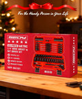 Pro Grade 63 Piece Metric Socket Set And Nut Driver Kit For One Quarter Inch Drive box on a workbench with tool details visible