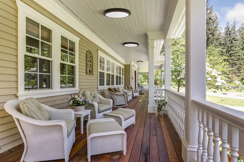 Porch with 15 Inch LED Edge Lit Flush Mount Ceiling Light With Dope Color Temperature Switch Dimmable Bronze, wicker chairs